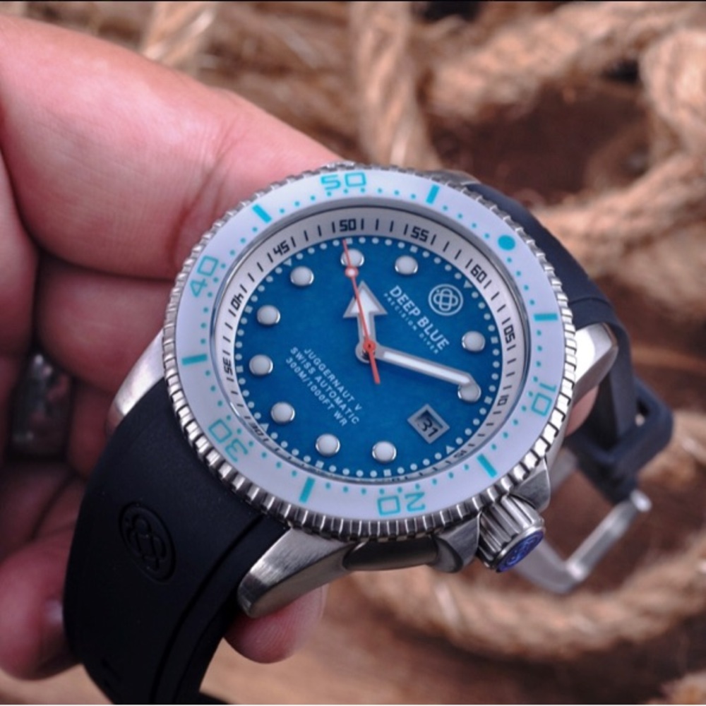 NIB DEEP BLUE JUGGERNAUT 5 44 MM SWISS AUTOMATIC DIVER WHITE CERAMIC BEZEL